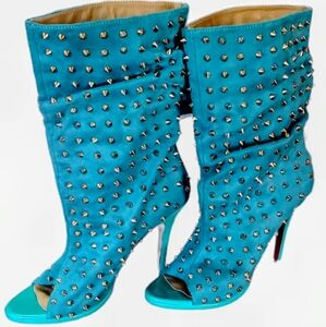 Designer Inspired Teal Studded Peep Toe High Heel Boots Size 42